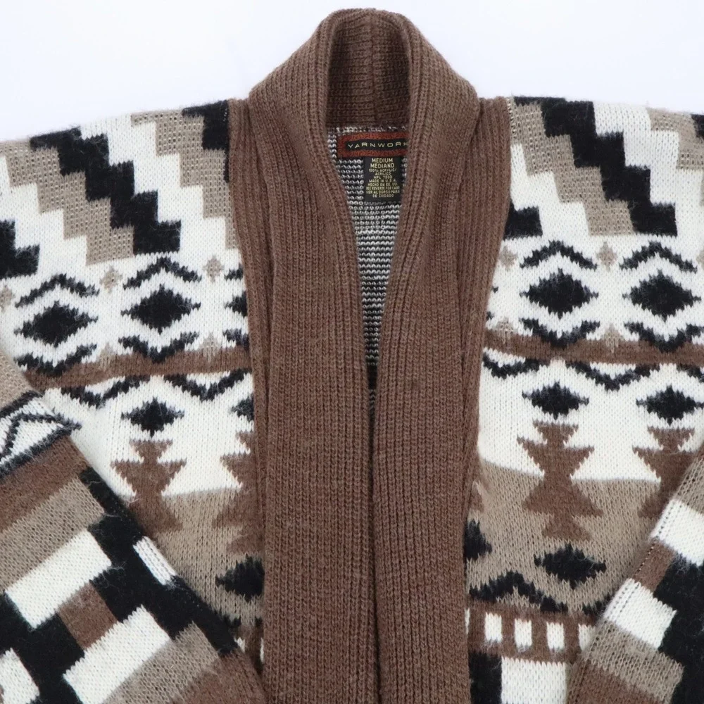 Yarnworks Cardigan Sweater Womens Medium Brown Southwestern Geometric Shawl Open